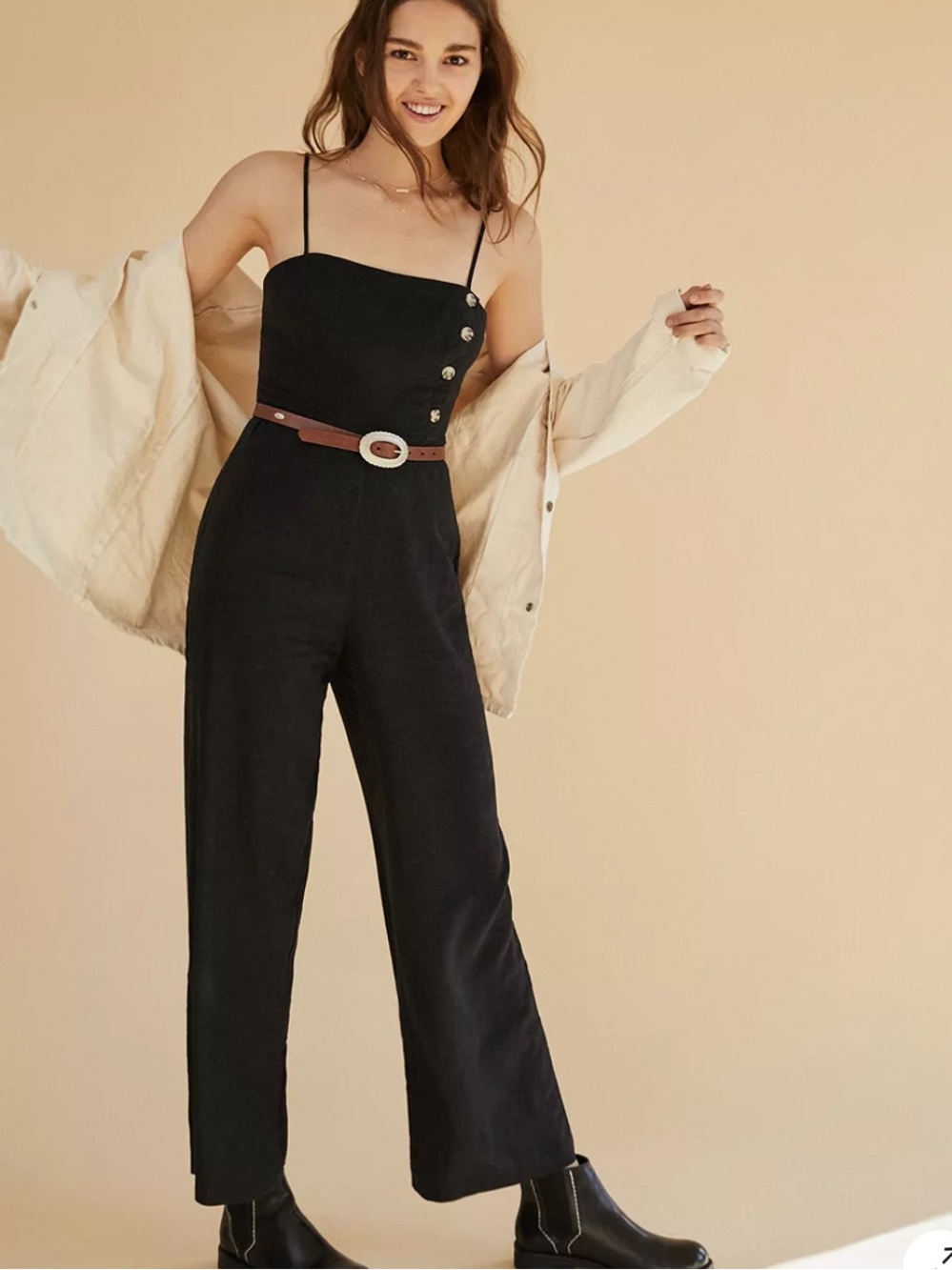 Urban Outfitters Black Straight-Neck Linen
Button-Down Jumpsuit